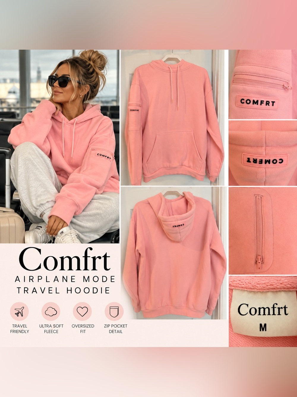 Comfrt Airplane Mode Travel Hoodie in a gorgeous soft pink. Size Medium